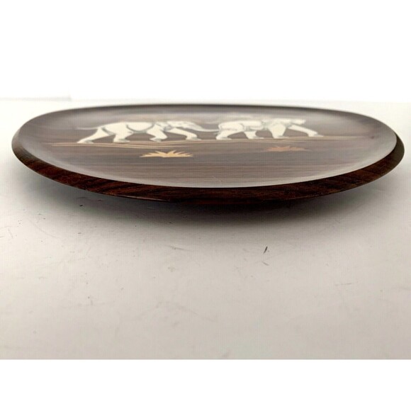 Vintage Handmade Wood Inlaid Elephants 9" Round Plate Dish Safari Decor - Picture 4 of 6